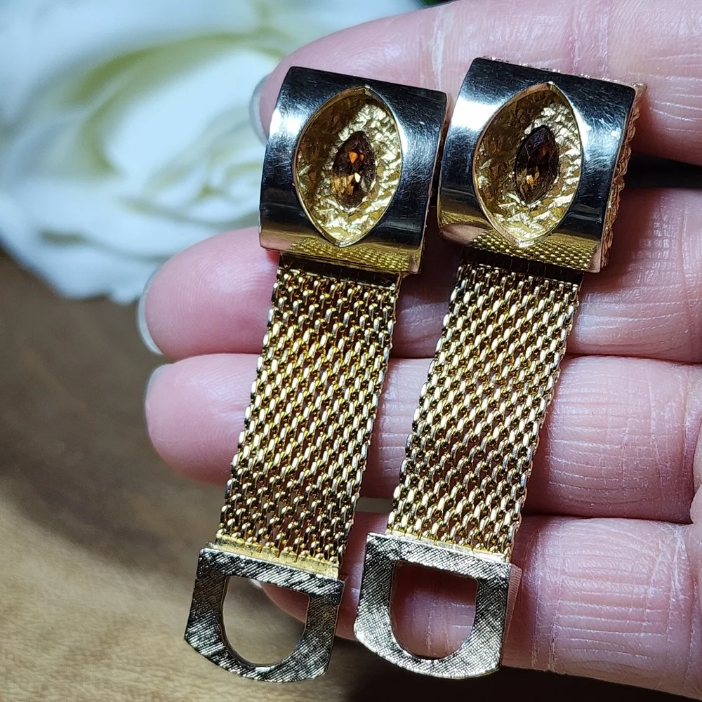 Vintage RARE Gold Tone Mesh Wrap Cufflinks Faux Topaz Citrine Colored Gemstones